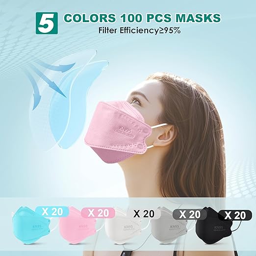 LEMENT KN95 Face Masks - 100 Pack Breathable Comfortable Disposable Masks For Adult, Filter Efficiency≥95%, Elastic Ear Loops, 5 Colors