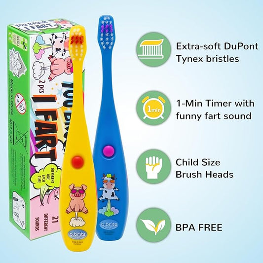 Lily's Home Children’s Funny Farting Toothbrush, Soft Bristles, Minute Electric Brushing Timer, Cute Boy Girl Dentist Prize, Age 3+, Assorted Color Animal Designs