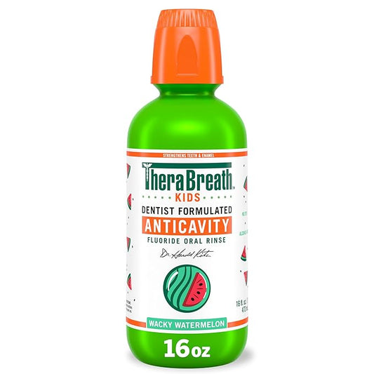TheraBreath Kids Organic Wacky Watermelon Mouthwash with Fluoride, Anticavity, Dentist Formulated, 16 Fl Oz