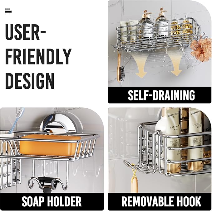 LEVERLOC Shower Caddy Suction Cup, 2 Pack Heavy Duty Bathroom Organizer for Inside Shower with Hooks & Soap holder, Removable and Rustproof Silver bathroom Holder Storage