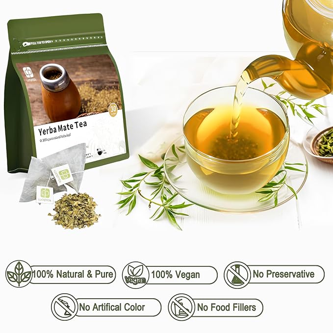 luoptea Unsmoked Yerba Mate Tea Bags from Argentina-100 NAtural Energy&Focus herbal Tea|Antioxidant Rich Detox Tea ,Hot or Iced,Eco-Conscious Compostable Tea bags,No suger,No Gluten,Vegan. (30 tea bags)