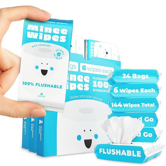Impossibly Compact Travel Flushable Wipes - 99.5% Water and Aloe - Safe for Sensitive Skin, Hypoallergenic & Unscented - Travel Essentials for Adults, Kids & Baby Care - 24 Pack Total 144 Wipes