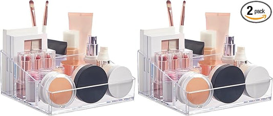 STORi Clear Plastic Small Countertop Vanity Makeup Organizer, Compact Rectangular 4-Compartment Holder for Brushes, Eyeshadow Palettes, & Beauty Supplies, Made in USA (Pack of 2)