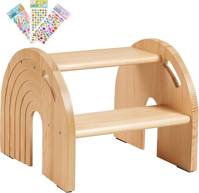 Rainbow Wooden Toddler Step Stool for Kids, Two-Step Stool for Bathroom Sink and Potty Training, Child Stepping Stool for Kitchen with Safety Non-Slip Pad, Handle and Auto Light