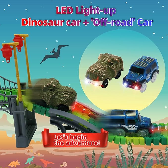 Dinosaur World Race Track Toys - 216pcs Flexible Track Playset with 1 Dinosaur Car, 1 Race Car, 6 Dino Toys, for Kids 3 4 5 6 Year & Up Old (Boys and Girls)
