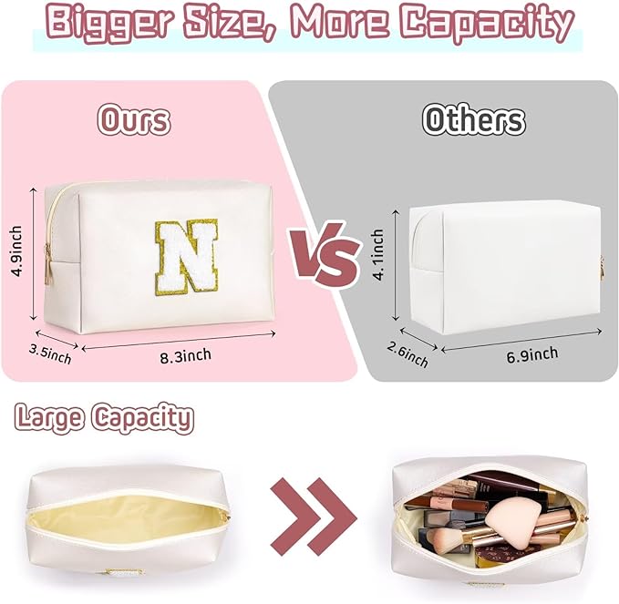 TOPEAST Birthday Gifts for Girls, Travel Makeup Bag Chenille Letter Pouch Cosmetic Bag, Makeup Travel Organizer, Monogrammed Bridesmaid Gifts for Women, Cute Stuff for Girls (White J)