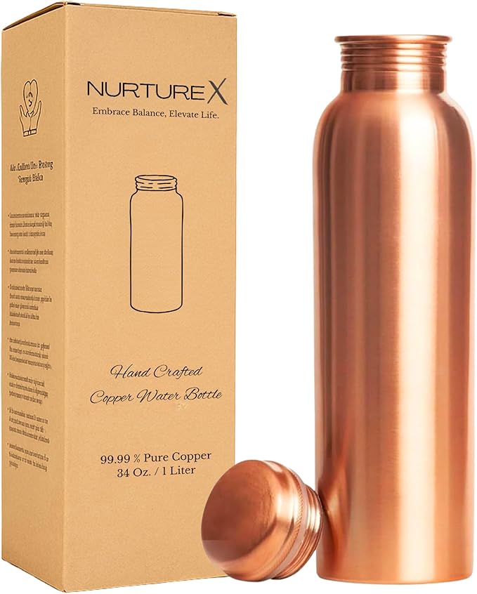 Pure Copper Water, Bottle 34 Oz / 1 Liter, Leak-Proof, Joint-Free, Anti-Tarnish Protective Coating, Handcrafted, Eco-Friendly & Ayurvedic Drinkware for Yoga, Gym & Office - Smooth