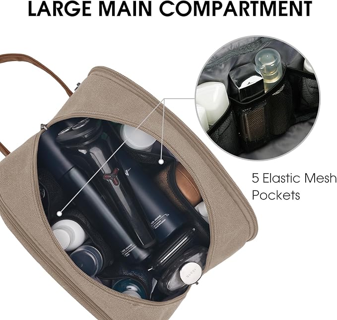 WANDF Travel Toiletry Bag for Men Large Toiletries Shaving Bag Water Resistant Hanging Dopp Kit Travel Accessories Bag for Women Men (Light Khaki)