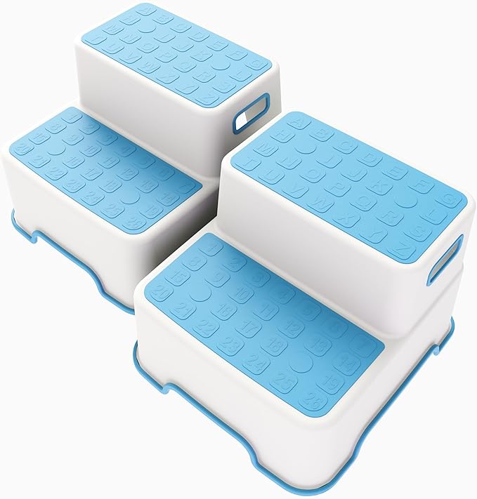 Toddler Step Stool for Bathroom Sink, 2 Pack Step Stool for Kids, Plastic Potty Training Toilet Stepping Stools, Child and Baby Lightweight&No-Slip Two Step Stools for Kitchen(Off-White/Blue)