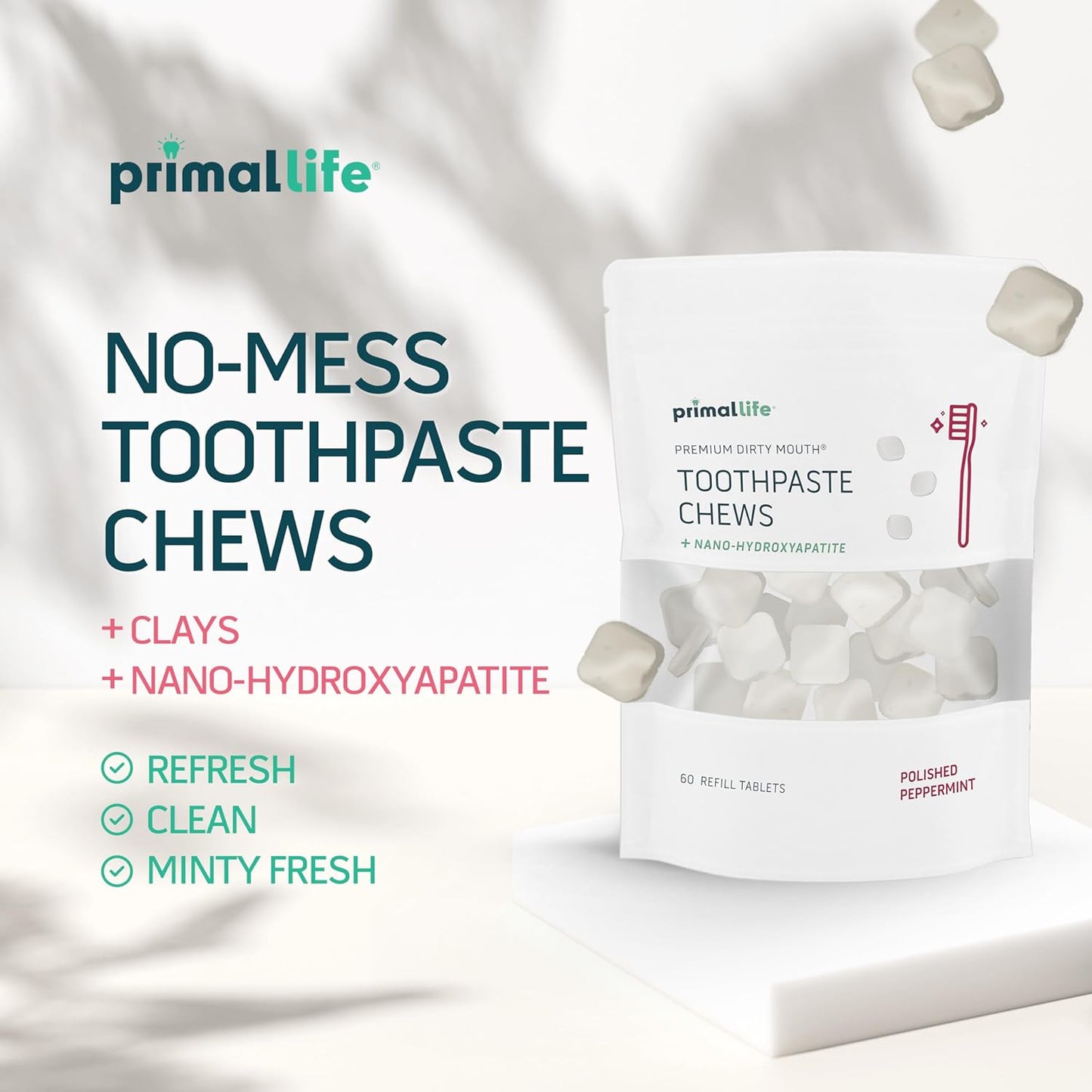 Primal Life Organics Premium Dirty Mouth Toothpaste Chews – Nano-Hydroxyapatite Whitening Toothpaste Tablets for Adults - Gluten Free, Vegan, Paleo - 60 Tablets in Bag - Polished Peppermint