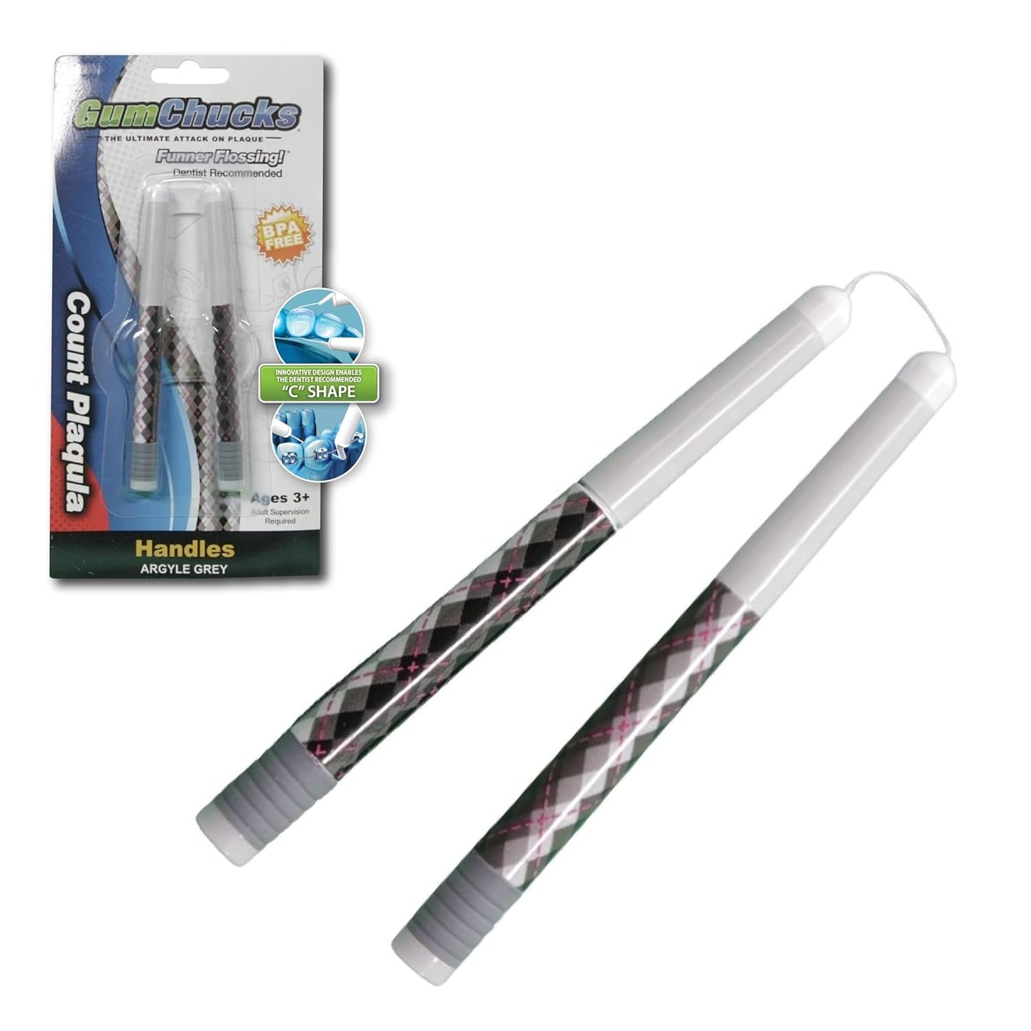 GumChucks Orthodontic Flossers Dental Floss - Floss for Braces - Brace Floss Picks - Gum Flossing Picks - Ortho Dental Flossers (Grey Argyle - Count Plaqula)