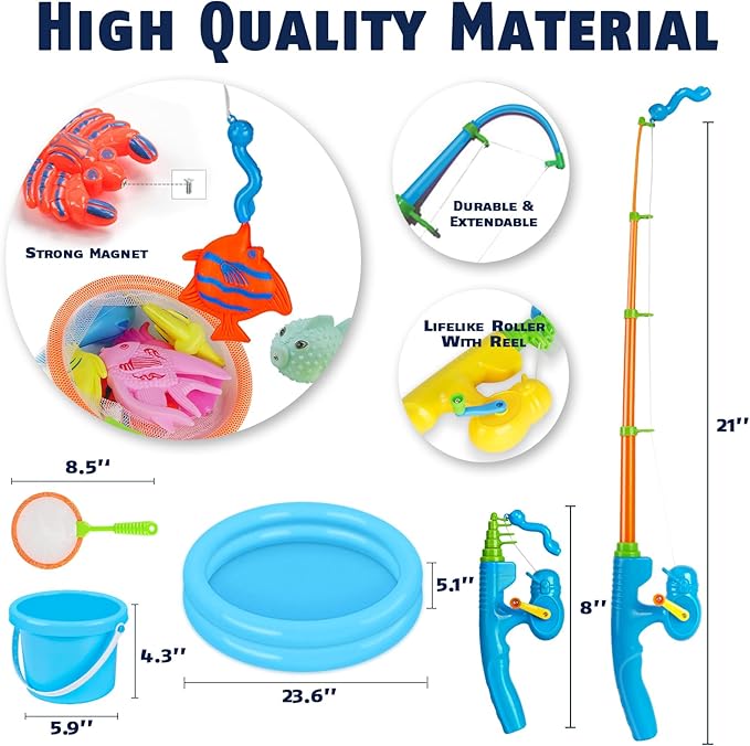 CozyBomB™ Magnetic Fishing Toys Game Set for Kids | Water Table Bathtub Kiddie Pool Party Pole Rod Net, Outdoor Plastic Floating Fish, Toddler Bath Color Ocean Sea Animals Birthday Gift Age 3-5 6 4-8