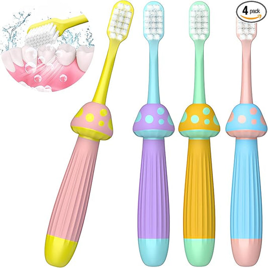Kids Toothbrushes 4 Pack, Extra Soft Toddler Toothbrush 1-12 Years, Cute Mushroom Baby Toothbrush Multicolor Infant Training Tooth Brush Complete Tooth and Gum Care, Easy to Grip