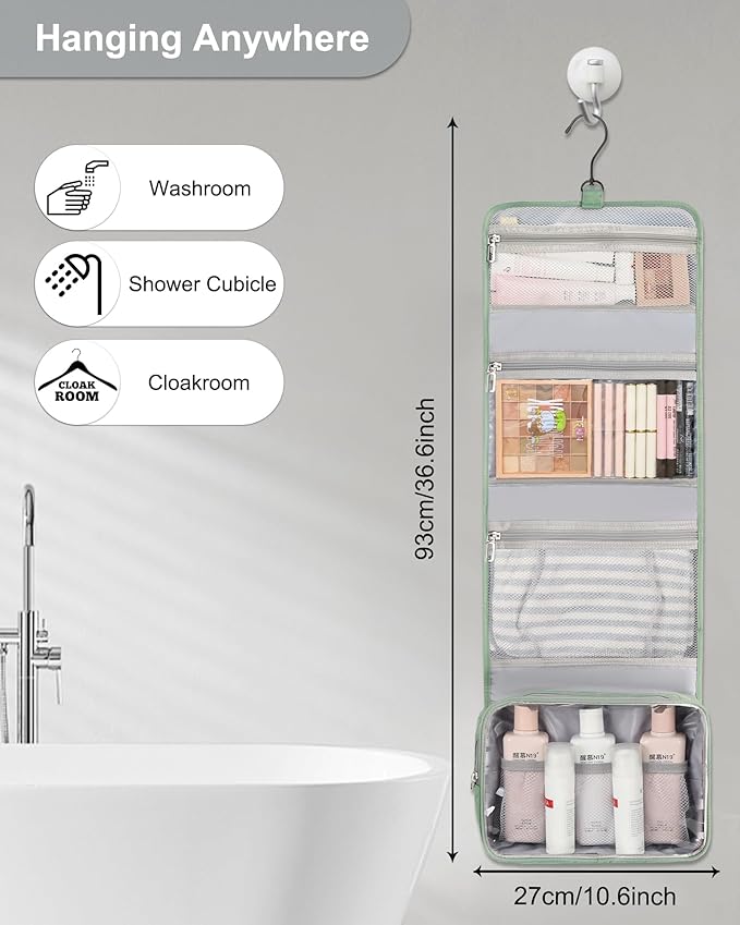 Relavel Travel Hanging Toiletry Bag for Men Women Travel Kit Shaving Bag Waterproof Large Makeup Bag Wash Bag Makeup Organizer Cosmetic Case for Bathroom Shower Green Pro