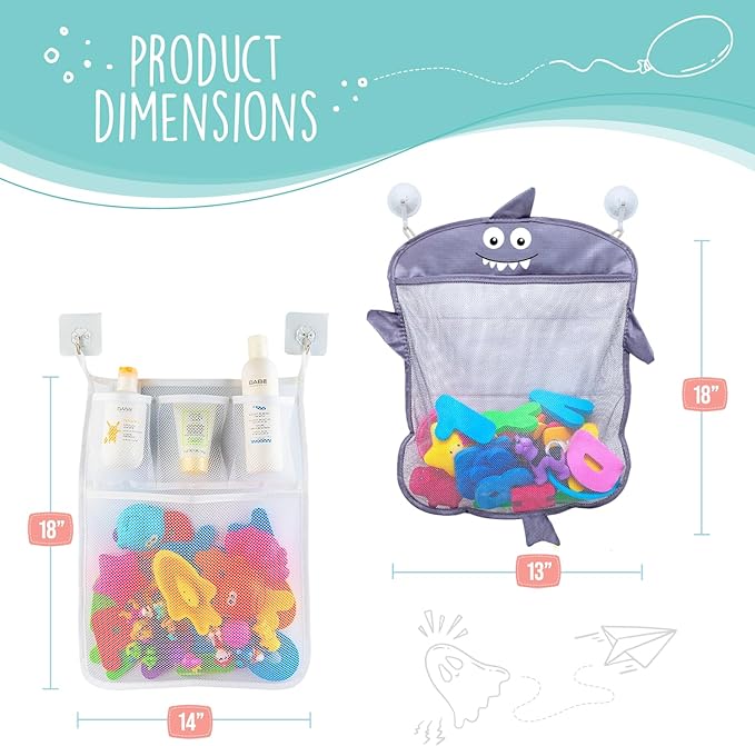 Comfylife Baby Bath Toy Organizer - Shark +36 Bath Letters & Numbers +Extra Bath Toy Storage Net & 10 Strong Hooks, Great Bath Net for Kids, Cute Bathtub Toy Organizer and Bath/Shower Caddy Solution