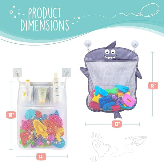 Comfylife Baby Bath Toy Organizer - Shark +36 Bath Letters & Numbers +Extra Bath Toy Storage Net & 10 Strong Hooks, Great Bath Net for Kids, Cute Bathtub Toy Organizer and Bath/Shower Caddy Solution