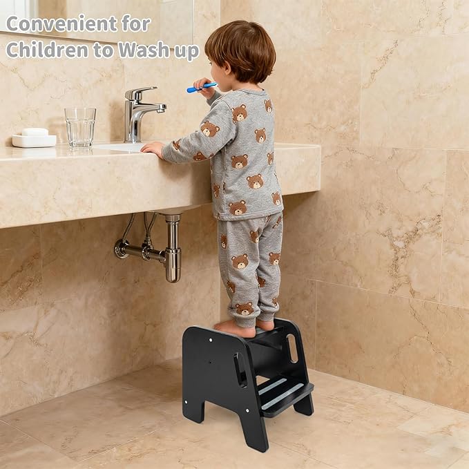 WOOD CITY Toddler Step Stool, Wooden 2 Step Stools for Bathroom Sink Potty Training Kitchen Dual Height Stool Helper for Kids Bonus Non-Slip Pads and Handles for Safety （Black）