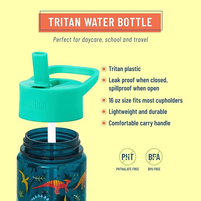 Wildkin Kids 16 Oz Water Bottle – BPA-Free Tritan, Leak-Proof Lid, Durable & Easy to Clean - Jurassic Dinosaurs