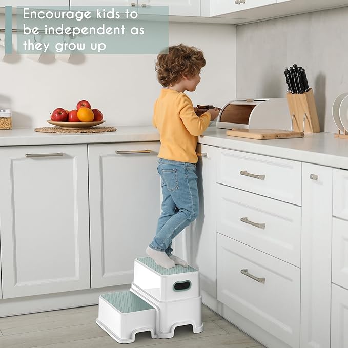 Victostar Toddler Step Stool,2 Kids Step Stool for Bathroom Sink,Baby Potty Stool with Anti-Slip Surface and Rubber Bottom,Plastic Stool with Handle for Toilet Potty Training Bathroom Kitchen