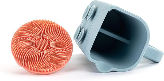 DEMDACO Love to Play Collection Baby Bath Rinse Cup and Silicone Scalp Scrubber Set - Gentle Hair Washing Aid for Infants & Toddlers Soft Silicone Kids' Brush & Ergonomic Rinse Pitcher, Pink