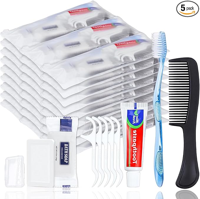 5 Sets Personal Hygiene Kit Bulk, Disposable Toothbrushes with Toothpaste Floss Comb Soap and Cover, Toiletry Kits Homeless Supplies Bulk for Women,Men,Travel,Homeless