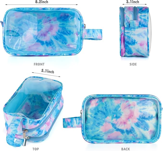 Kids Toiletry Bag for Girls, Travel Clear Toiletry Bag for Little Young Girls Cosmetic Bag Makeup Bag Waterproof Hanging Toddler Wash Bag, Blue Tie Dye