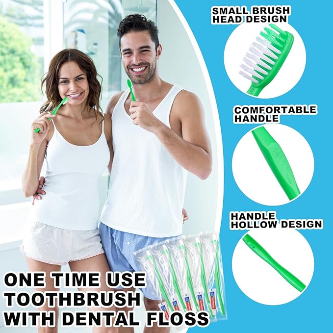 Disposable Toothbrushes with Toothpaste and Floss,10Pcs Green Single Use Individually Wrapped Disposable Travel Toothbrushes and Dental Floss Kit Bulk for Homeless,Airbnb,Hotel,Dentist