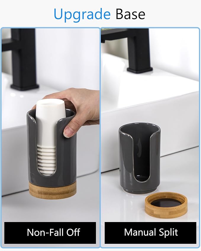 Ceramic Bathroom Cups Dispenser - 3-5 oz Disposable Paper & Plastic Bathroom Cups Holder - Mouthwash Cups Dispenser for Bathroom, Guest Toiletries, Countertop, Coffee - BPA Free (Black)