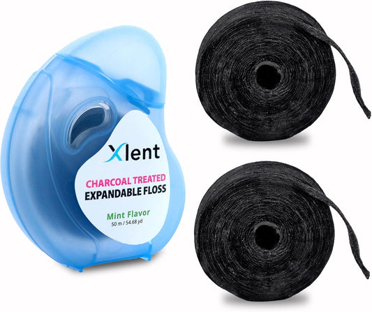 Xlent Expandable Floss Treated Activated Charcoal, Xylitol Natural Based Wax Fresh Mint Flavor | 3 Count (1 50 m Floss Blue Container Plus 2 50 m Refill Bobbins), 3 Count (1 Blister Card+2 Refill)