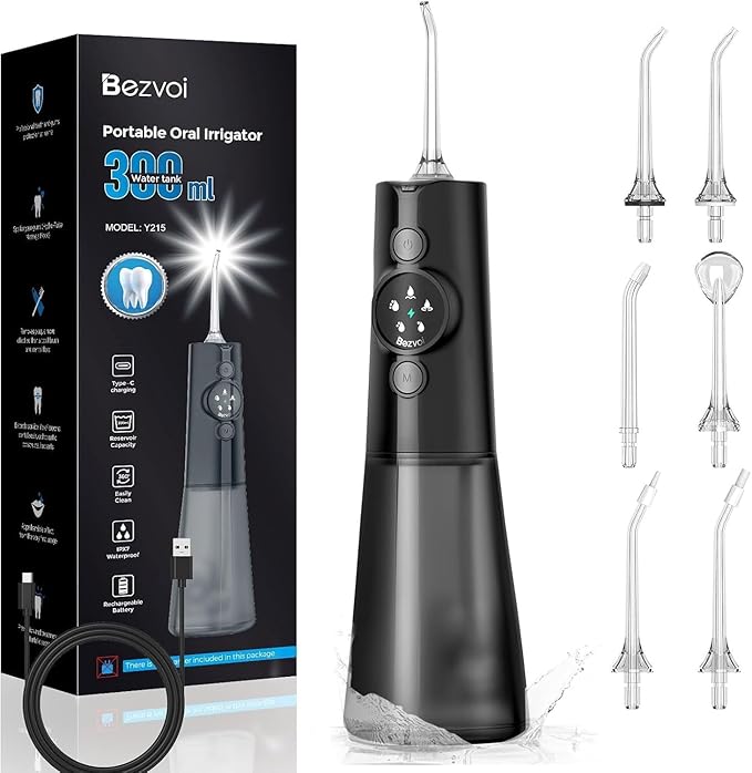 Water Flosser Teeth Pick: 300ML & LED Display 5 Modes Rechargeable Dental Flossers for Braces,Sensitive Gums, Portable Flossing for Teeth Cleaning, IPX7 Waterproof Cordless for Home Travel Use