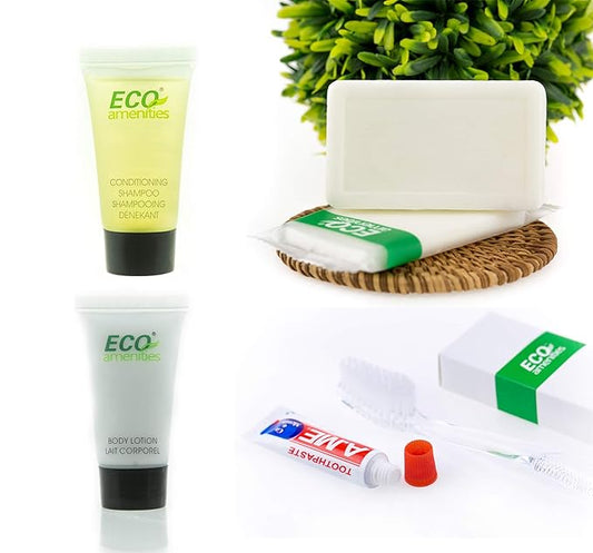 ECO amenities Toiletry Kit - Shampoo Conditioner Set & Bathroom Soap - Travel Toothbrush Set & Toothpaste - Bulk Hygiene Kits & Travel Toiletries - 84 Units, 5-Pc Each