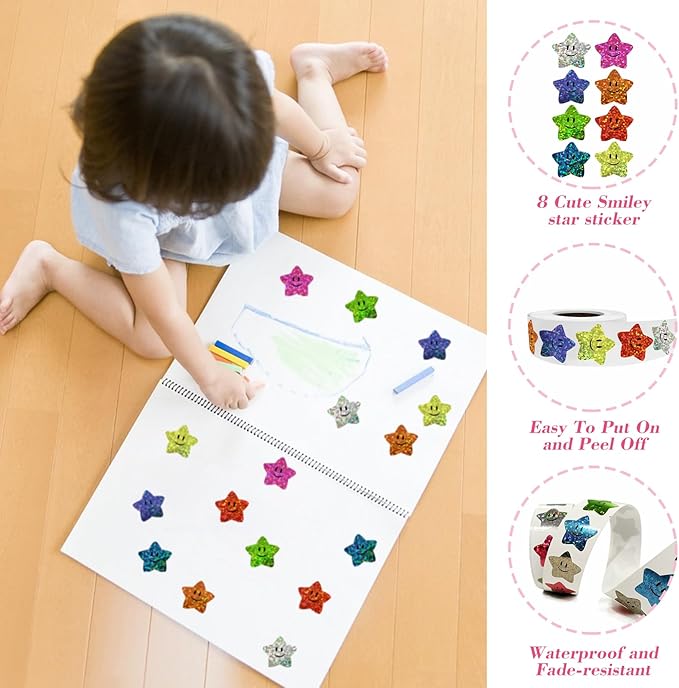 700Pcs Smiley Face Star Stickers for Kids Reward,1inch 8 Colored Sparkly Foil Star Stickers for Student Planner and School Classroom Teacher Supplies 3.15inch in Diameter per roll(8cm)