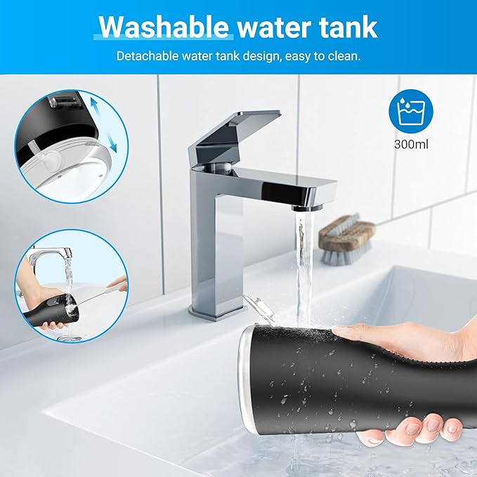 Portable Water Flosser for Teeth - 4 Modes Cordless Oral Irrigator with 300ML Tank, 360° Rotating Nozzle, 4 Jet Tips, Rechargeable, IPX7 Waterproof, Low Noise Gravity Ball Design (M159 - Black)