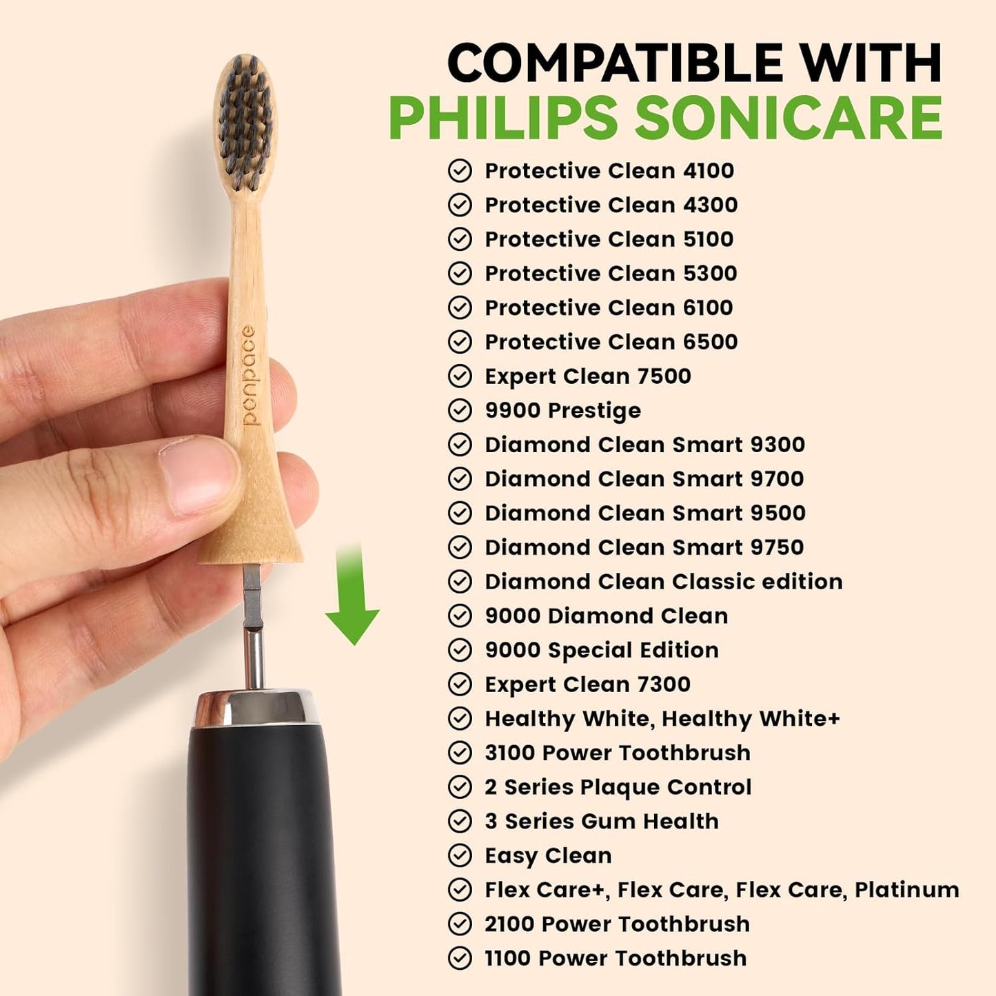 Bamboo Toothbrush Heads Compatible with Philips Sonicare, Soft Charcoal Infused Bristles, Whitening & Deep Cleaning