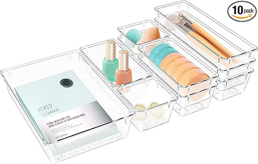 10 PCS Drawer Organizer Set,4 Varied Size Bathroom and kitchen Drawer cabinet organizer Trays, Clear Storage Bins for Makeup, Jewelry, Utensils and Gadgets