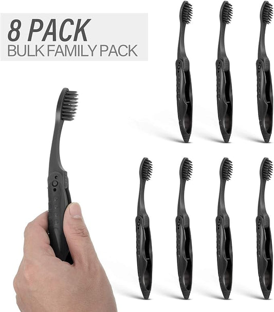 Boao 8 Packs Travel Toothbrushes Individually Wrapped Black Folding Toothbrush for Travel Camping Portable Charcoal Toothbrush with Soft Medium Bristles