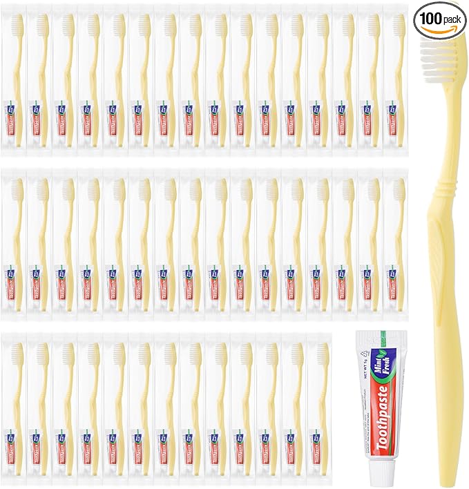Disposable Toothbrush with Toothpaste Set, Individually Wrapped Soft Bristles Travel Size Manual Toothbrushes Kit in Bulk for Hotel/Travel/ Business/Donation/Homeless/Charity/Camping (100 Pack)