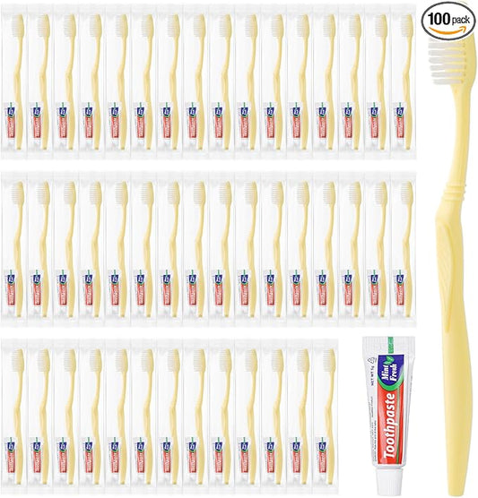 Disposable Toothbrush with Toothpaste Set, Individually Wrapped Soft Bristles Travel Size Manual Toothbrushes Kit in Bulk for Hotel/Travel/ Business/Donation/Homeless/Charity/Camping (100 Pack)