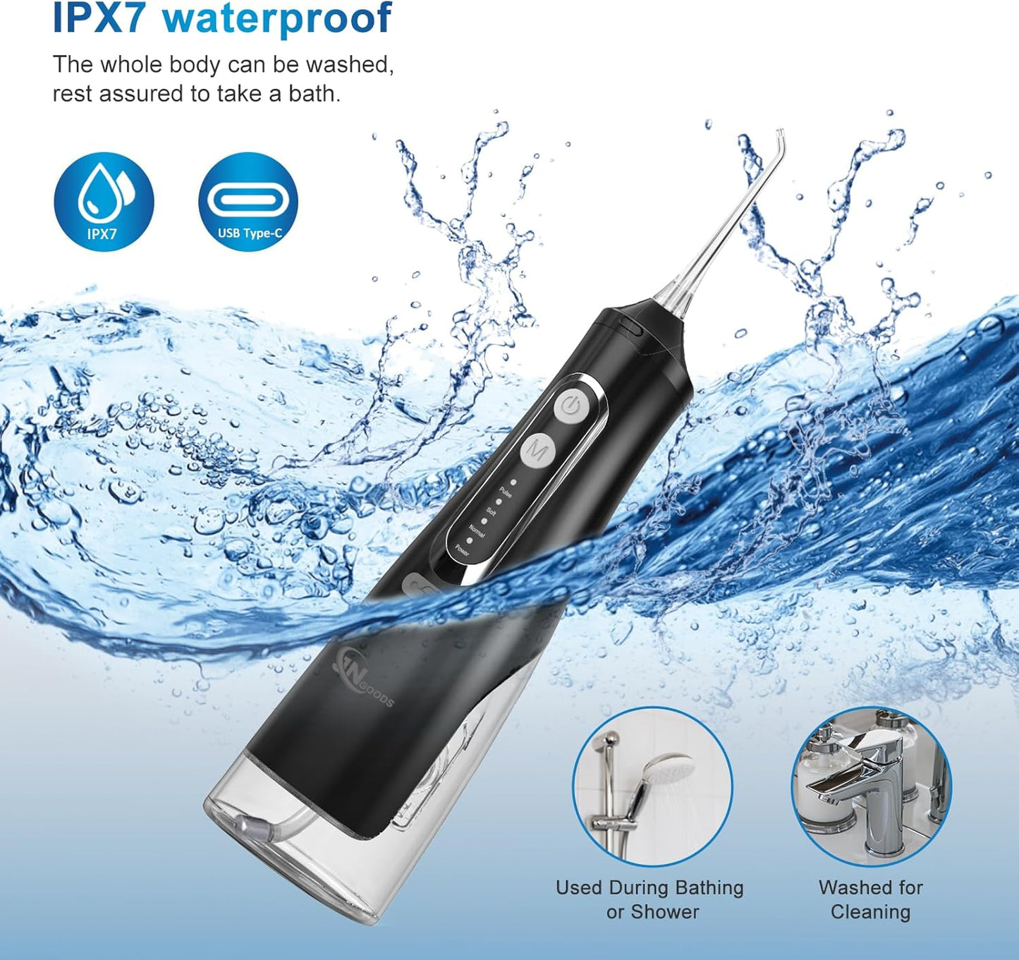 Cordless Water Dental Flosser Oral irrigator,JNGOODS 310ml Rechargeable Water flosser for Teeth IPX7 Waterproof 4 Modes Portable Irrigate with 4 Jet Tips,Travel Home use (Black)