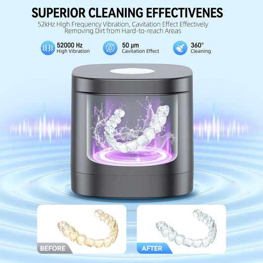 TEBAL Ultrasonic Retainer Cleaner Machine, 52kHz Ultrasonic Denture Cleaner for Night Guards, Braces, Toothbrush Heads, Jewelry and More, Ultrasonic Cleaner for Retainers with 250ML Capacity, Black