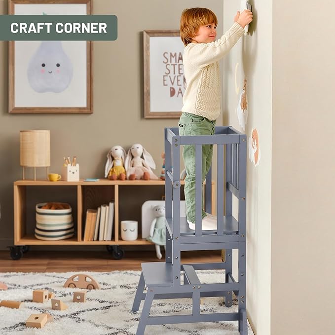 COSYLAND Toddler Standing Tower - Adjustable Height Toddler Kitchen Stool Helper - Kids Kitchen Step Stool for Learning with Removable Safety Railing Slate Gray