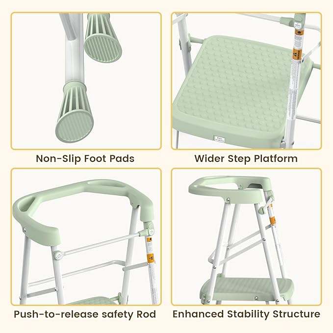 HBTower Kids Step Stool 2 Steps, Toddler Tower for Kitchen Counter Learning, Toddler Kitchen Stool Helper with Anti-Drop Safty Railing Kids Standing Folding Stepper, Green