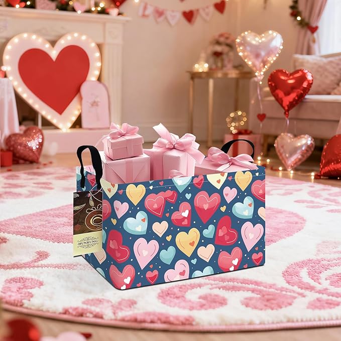 HUNRUNG Rectangle Storage Basket Cute Canvas Organizer Bin for Pet/Children Toys, Books, Clothes Perfect for Rooms/Playroom(REC-Colorful Heart)