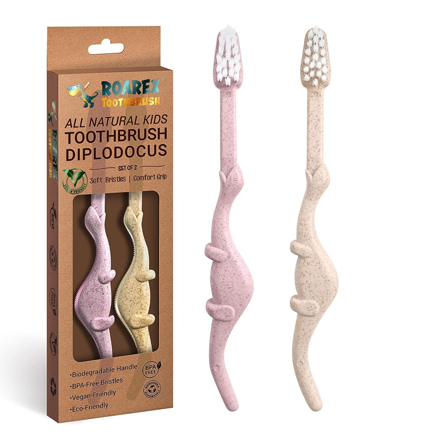 ROARex Vegan Eco Friendly Kids Toothbrush Natural Dinosaurs Made from Plants | 100% Biodegradable and Compostable | 1% for The Planet Product