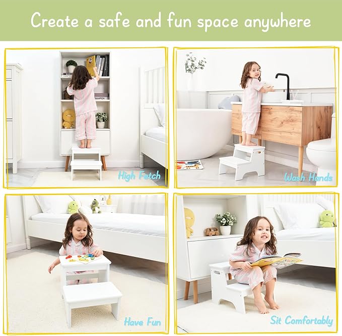 Forbena Wood Toddler Step Stool for Bathroom Sink, White Kids Toilet Step Stool for Potty Training, Small Child Baby Girl Boy 2 Stepping Stool with Handle for Kitchen Counter Nursery Bedroom Closet