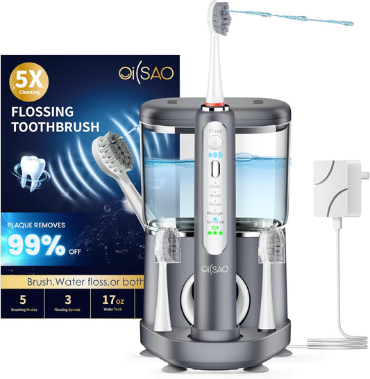 Electric Toothbrush with Water Flosser, Advanced 2.0 Flossing Toothbrush Combo in One with 5 Brush Modes & 3 Floss Speeds,500 ML Cordless,for Adults,Teeth, Gums, Braces, Dental Care,Gray