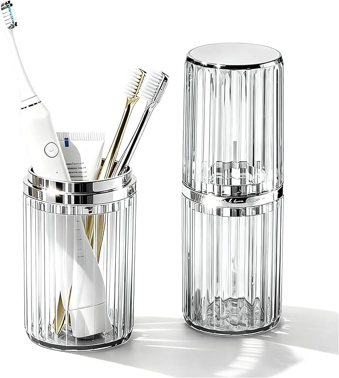 Travel Toothbrush Holders, 2-in-1 Multifunction Dustproof Portable Toothbrush Cup & Toothpaste Storage Container, Toothbrush Case for Traveling Bathroom Camping Business Trip School (Clear)