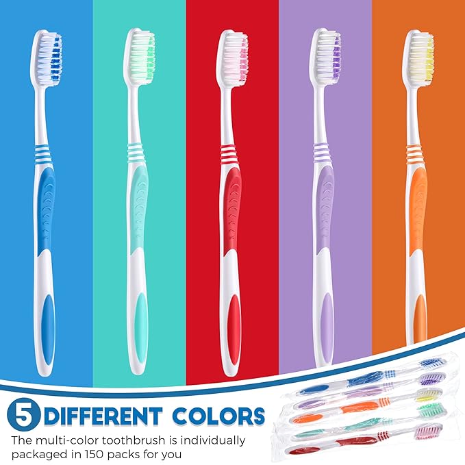 CHENGU 150 Pieces Individually Wrapped Toothbrushes Manual Disposable Travel Toothbrush Medium Soft Bristle Tooth Brush Travel Toothbrush Bulk Toothbrushes for Hotel, Guest, Adults, Kids, Multi Color