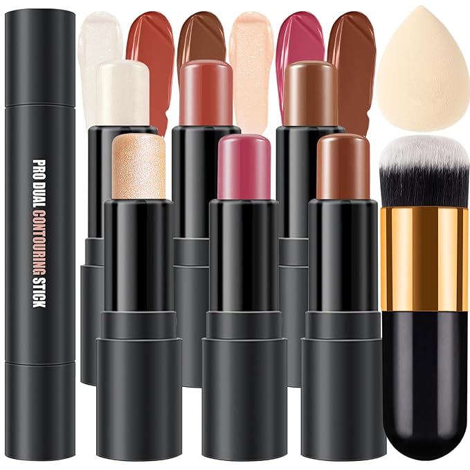 6 Colors Cream Contour Stick Makeup Kit,Shades and Highlighter,Blush and Bronzer Contour Stick for Sculpt the Cheeks,Long Lasting,Waterproof,Matte & Dewy Finish for Woman (SET C)