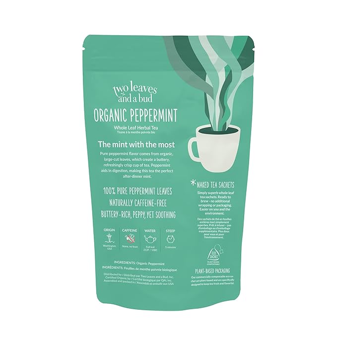 Two Leaves and a Bud Organic Peppermint - 50 Naked Tea Sachets, Naturally Caffeine Free, Whole Leaf Herbal Tea in Eco-Friendly Unwrapped Compostable Sachets, Resealable Bag, 50 Count (Pack of 1)